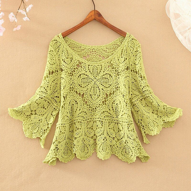 Small coat female crochet hollow five-point sleeve top sweater o neck knitted pullover