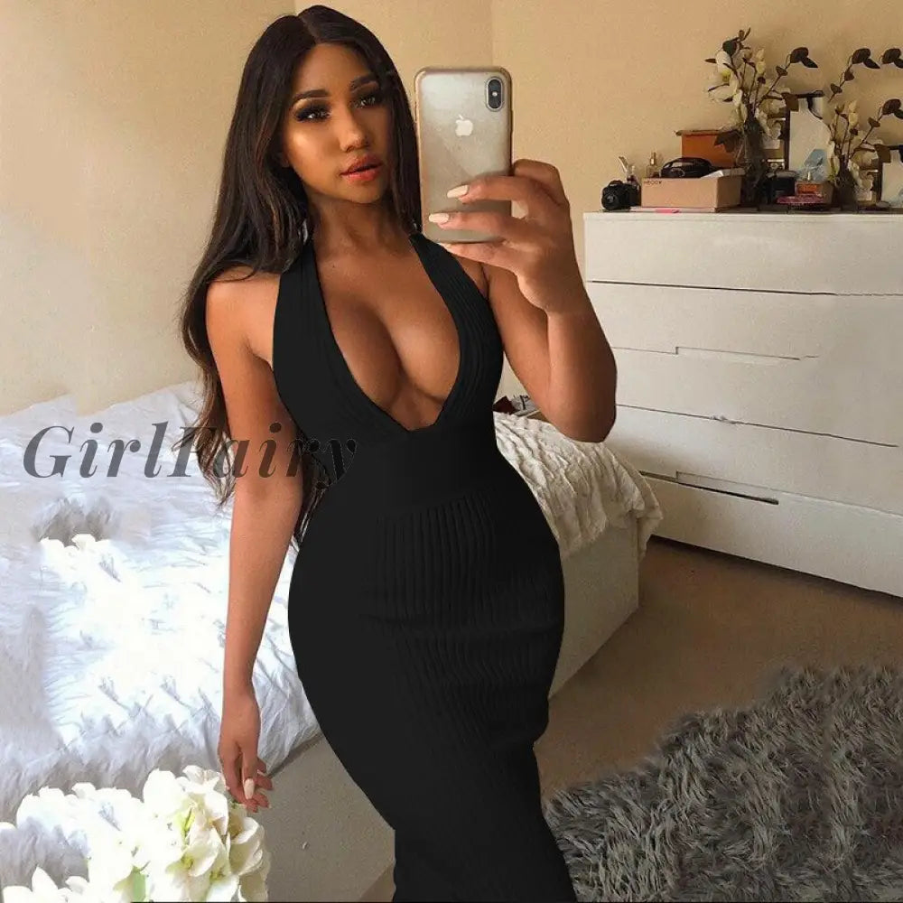 Girlfairy Halter Deep V-Neck Sexy Maxi Dress Women Off Shoulder Backless Bodycon Long Summer Elegant