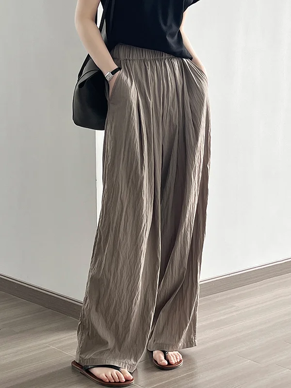 High Waisted Wide Leg Elasticity Pleated Solid Color Casual Pants Bottoms Trousers