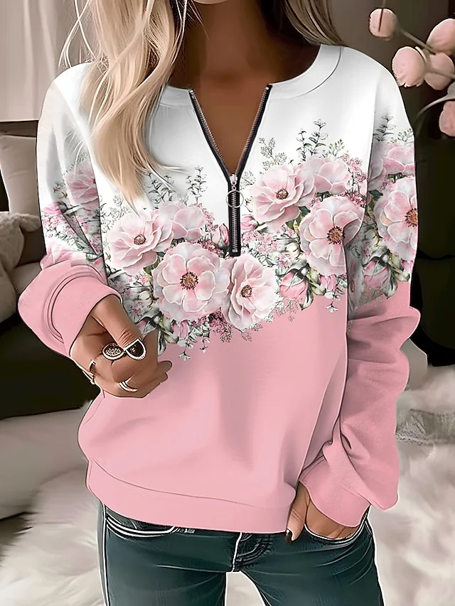 Women's Sweatshirt Pullover Vintage Sports Basic Quarter Zip Denim Blue White Yellow Floral Street Casual V Neck Long Sleeve Top Micro-elastic Fall & Winter