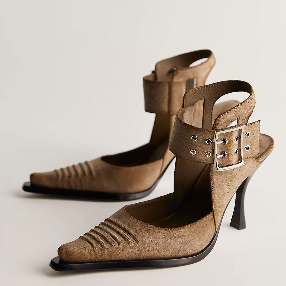 Khaki Flared Heel Closed Toe Grommet Ankle Strap Pumps for Women Nicepairs