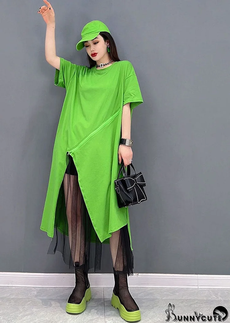 Bohemian Green Solid Asymmetrical Design Cotton Pullover Streetwear Dress Short Sleeve