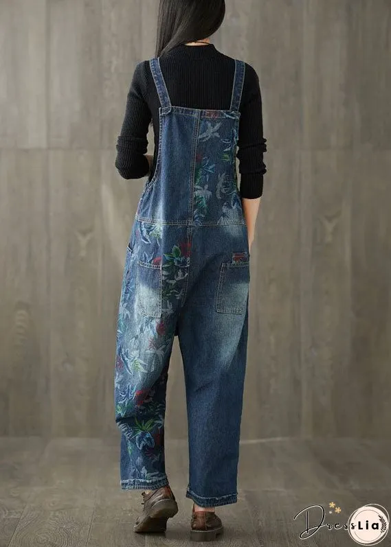 Style Navy Patchwork Print Denim Wide Leg Jumpsuit Spring