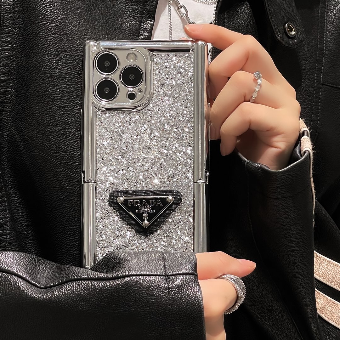 Prada Prada inspired Apple iPhone case silver diamond stand function 15 14promax 13pro 12 ProCaseMall