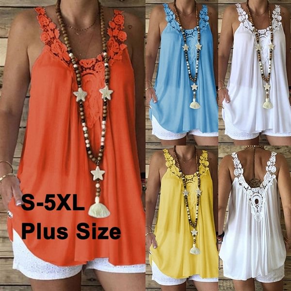 Women Fashion Loose Casual Soild Color Camisole Sleeveless Lace Summer Tank Tops - BlackFridayBuys
