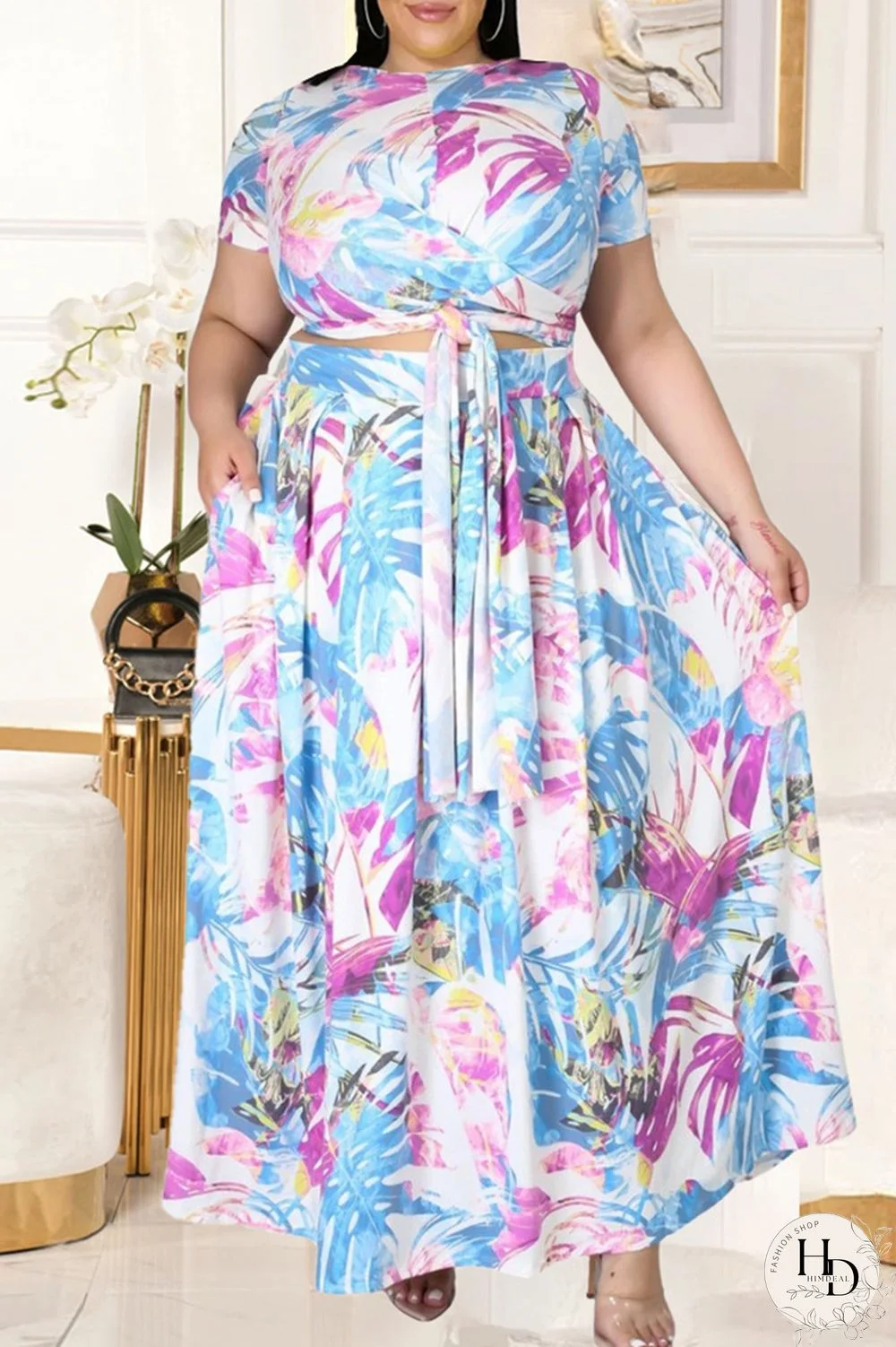 Light Blue Fashion Casual Print Basic O Neck Plus Size Two Pieces