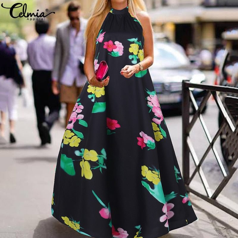 Celmia 2021 Summer Long Sundress Women Sexy Halter Maxi Dress  Sleeveless Floral Print Casual Ruffles Bohemian Vestidos