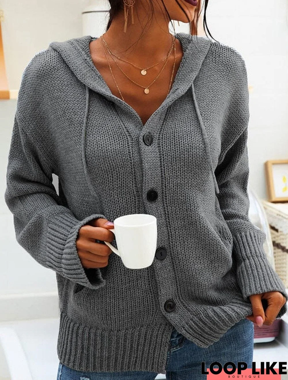 Hooded Knitted Long-Sleeved Cardigan Sweater