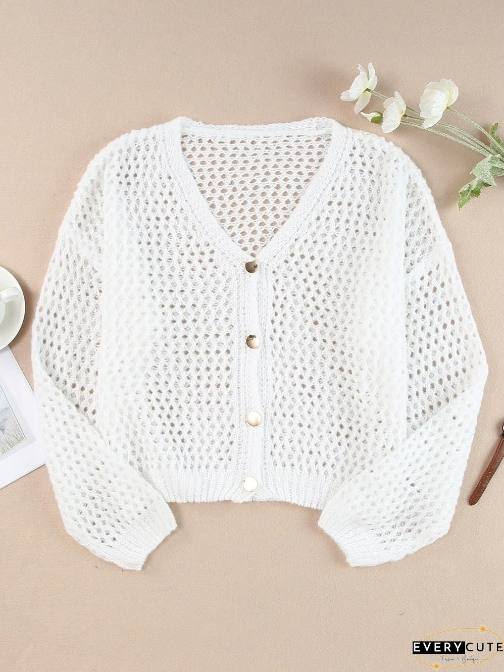 White Crochet Knit V-Neck Button-Up Cardigan