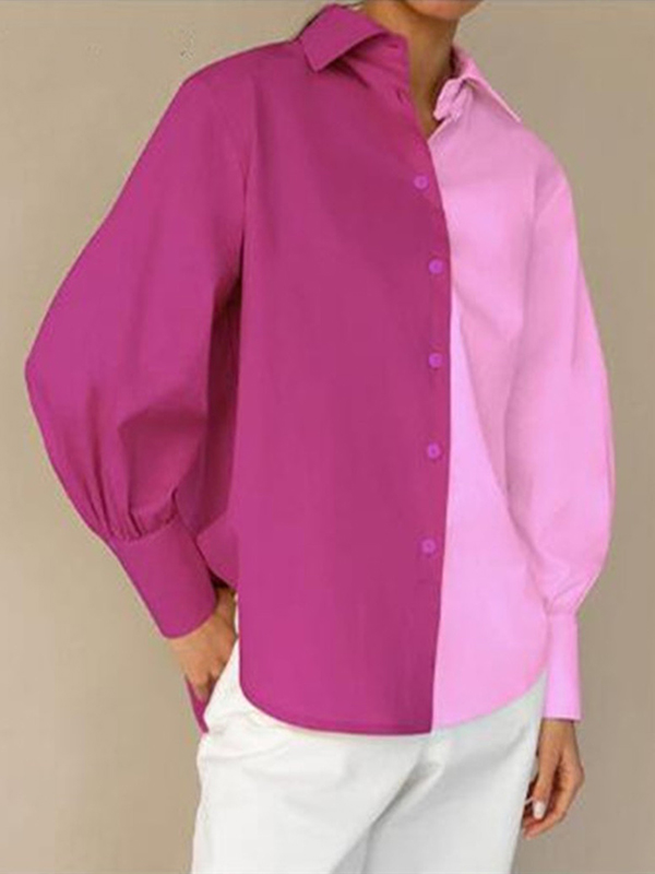 Contrast Color Buttoned Puff Sleeves Loose Lapel Blouses&Shirts Tops PINK-2XL