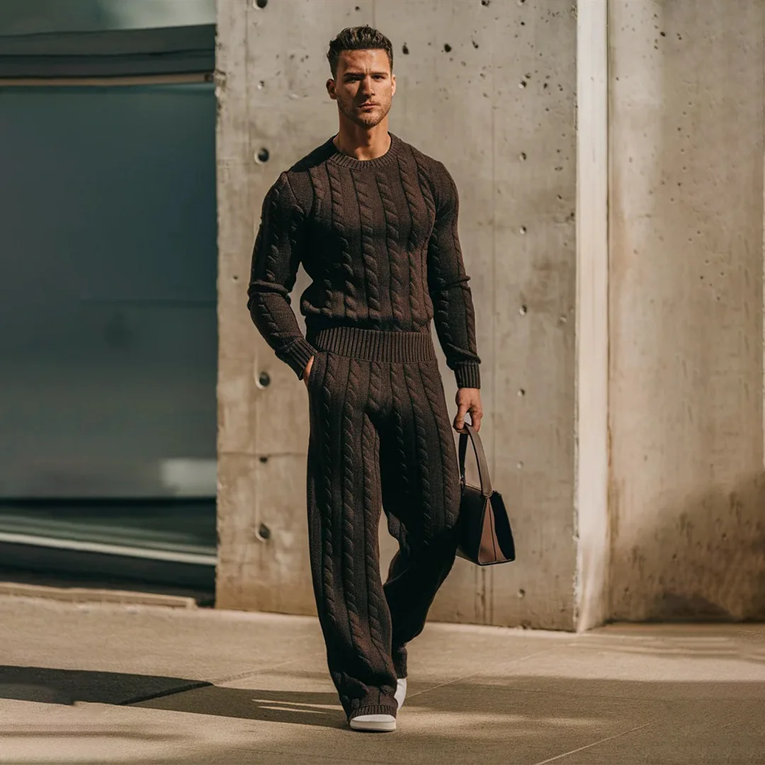 Men's Solid Color Knitted Long Sleeve Suit-inspireuse