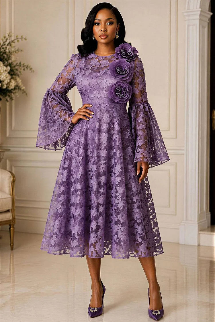 Xpluswear Design Plus Size Wedding Guest Purple Round Neck Flare Long Sleeve 3D Guipure Lace Midi Dresses [Pre-Order] 2024 - Xpluswear
