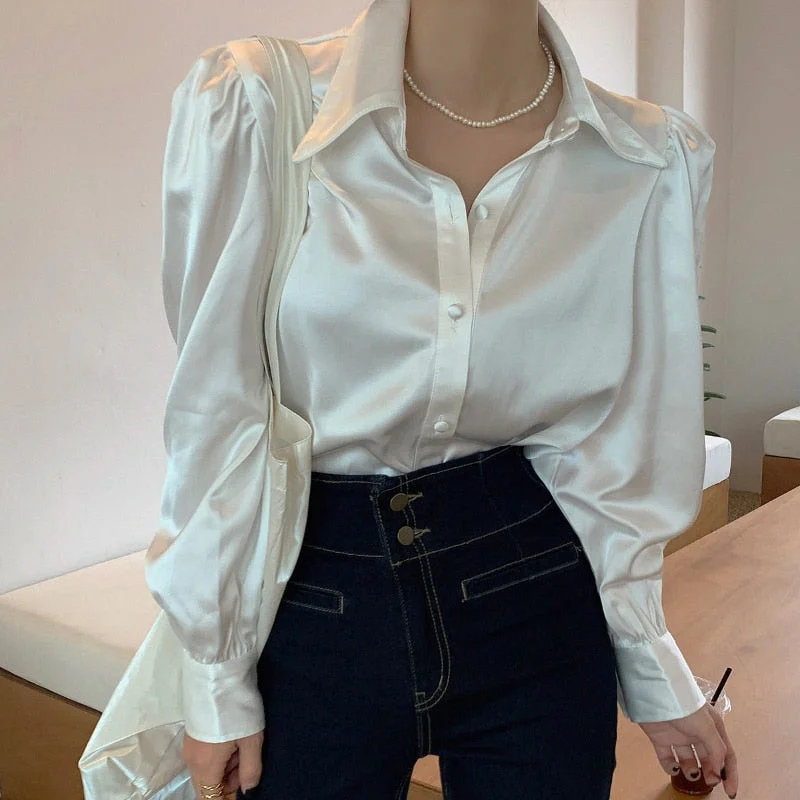 Korean Bubble Sleeve Loose Satin Button Lapel Shirt  Elegant Women Shirt Tops White New Chic Women Blouse Blusas Mujer 12635