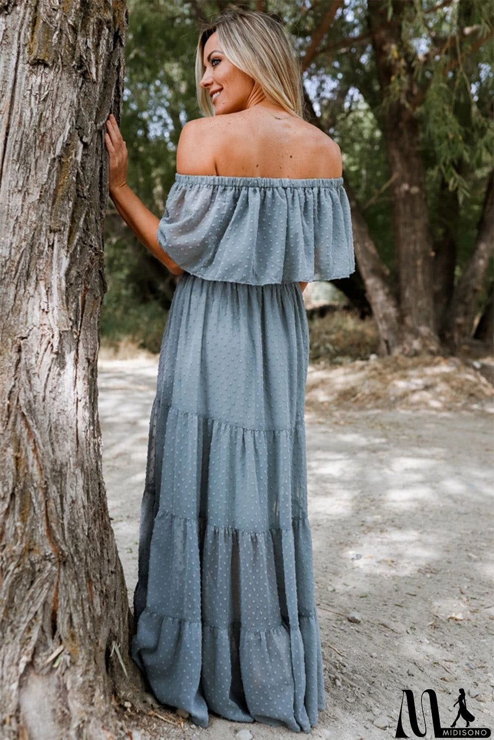 MidiSono - Rust Red Off Shoulder Ruffle Swiss Dot Maxi Dress