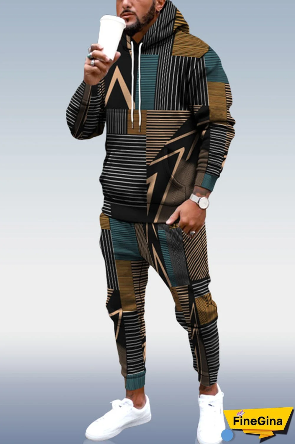 Brown Men's Personalized Printed Hoodie Set 011