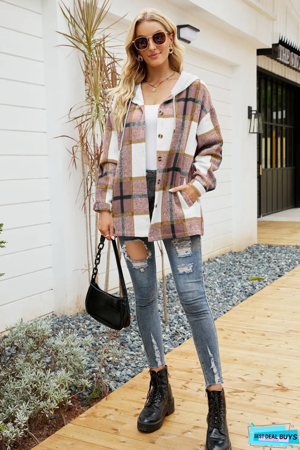 Drawstring Hooded Plaid Shacket Coat With Pocket