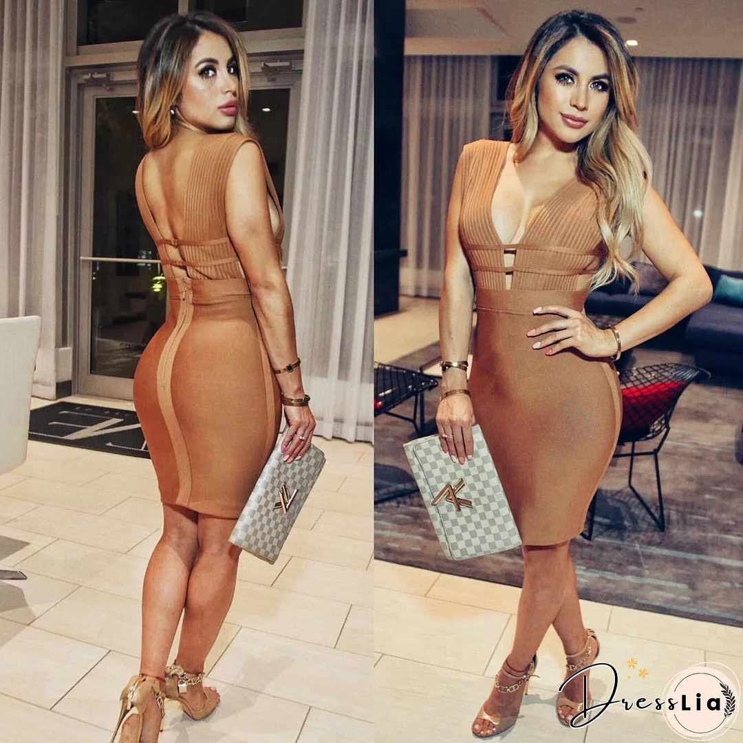 V Neck Sleeveless Hollow Out Midi Bandage Dress PF0803