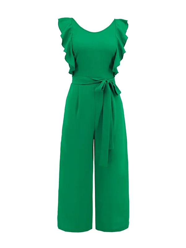 Loose Sleeveless Pleated Solid Color Tied Waist Round-Neck Jumpsuits