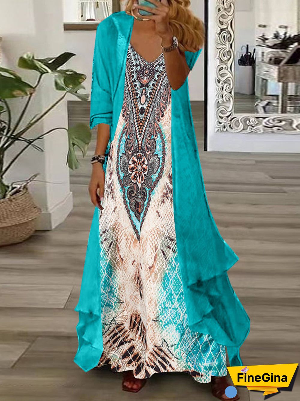 Women Half Sleeve V-neck Graphic Printed Two-Piece Maxi Dress