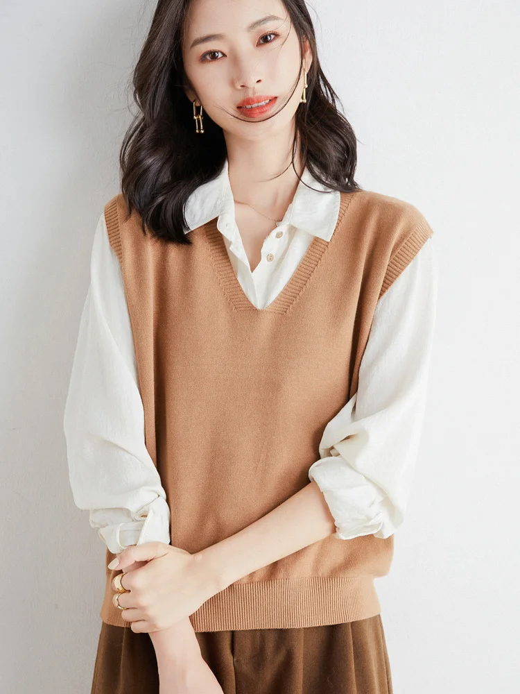 Churchf Churchf Blend 2024 Autumn / Winter New Ladies Loose V-Neck Solid Color Short Cover Vest Knit Vest Vest