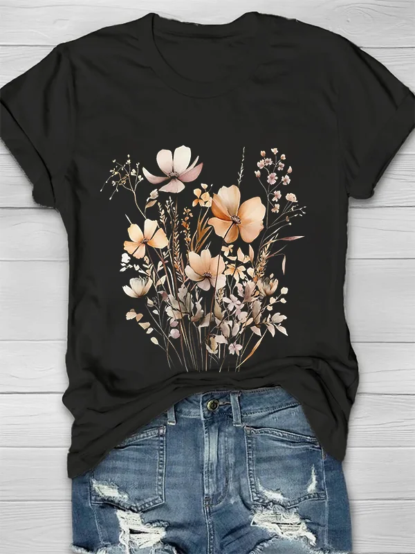 Vintage Flower Printed Crew Neck Women's T-shirt