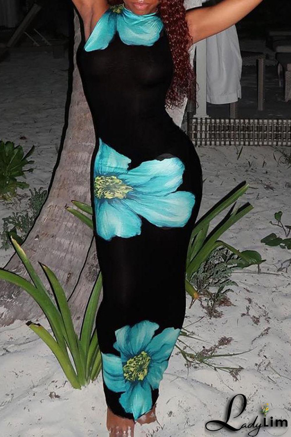 Black Elegant Floral Patchwork O Neck Wrapped Skirt Dresses