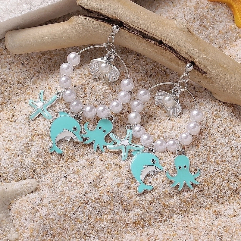 1 Pair Casual Vacation Beach Starfish Dolphin Octopus Beaded Enamel Inlay Synthetic Resin Alloy Artificial Pearls Drop Earrings