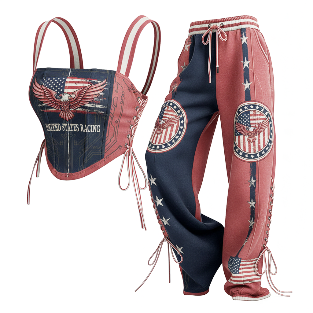 American Street Style Flag Patchwork Denim Corset Top + Drawstring Wide-leg Pants - Helixace