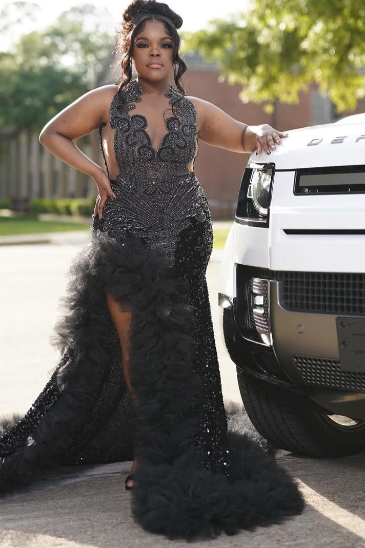 Bellasprom Black Sleeveless Split Mermaid Prom Dresses Velvet Sequins Long With Beadings Ruffles Bellasprom