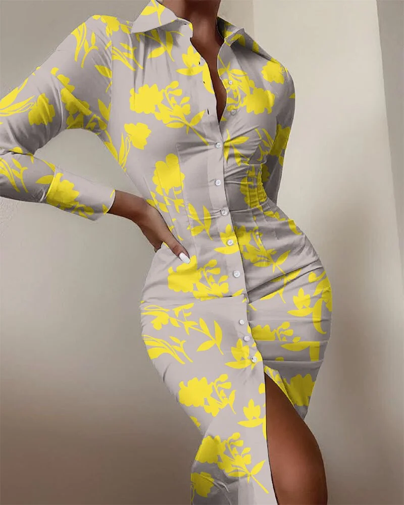Women's shirt dress long sleeve sexy waist waist printed cardigan shirt