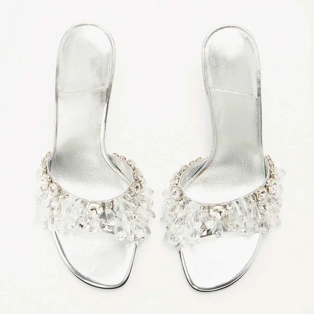 Silver Metallic Open Toe Spool Heel Rhinestone Mules for Women