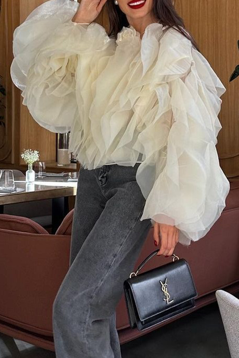 Irregular Stringy Selvedge Flower Shape O Neck Blouses