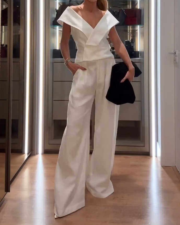 V-neck Off-shoulder Top and Pants Solid Color Two-piece Suit