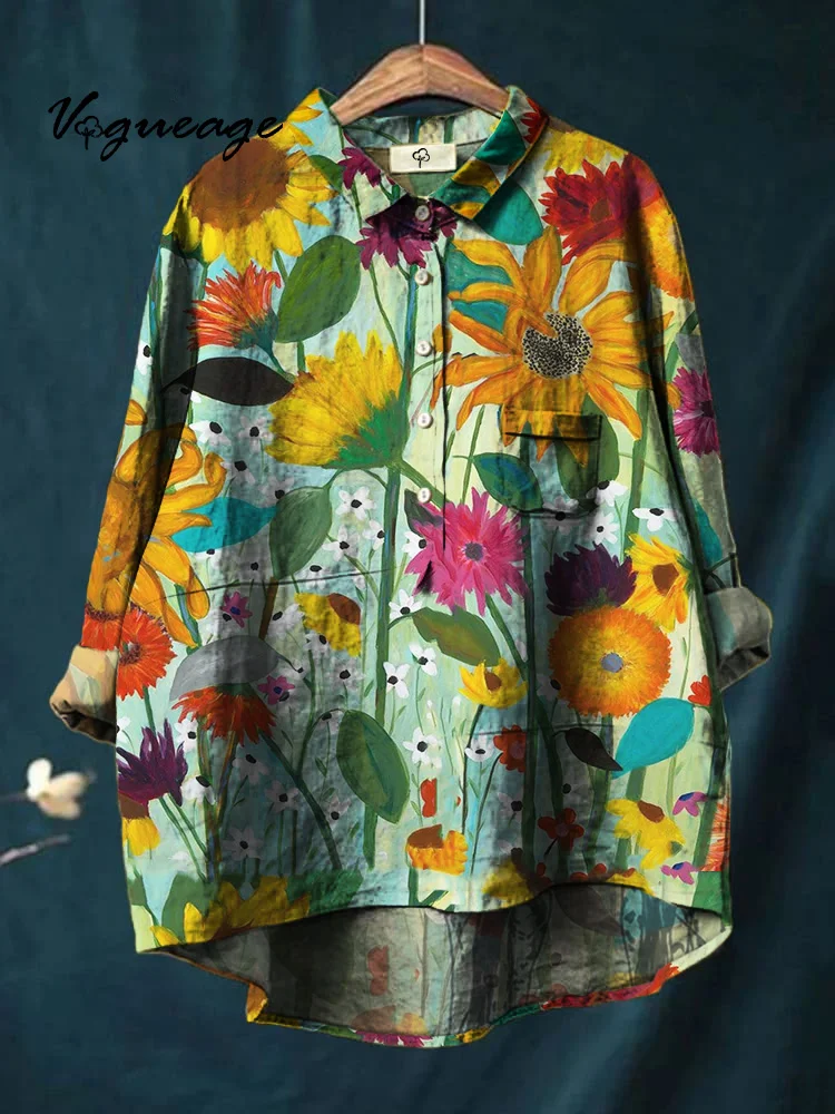 Oil Painting Plants And Flowers Printed Cotton And Linen Shirt