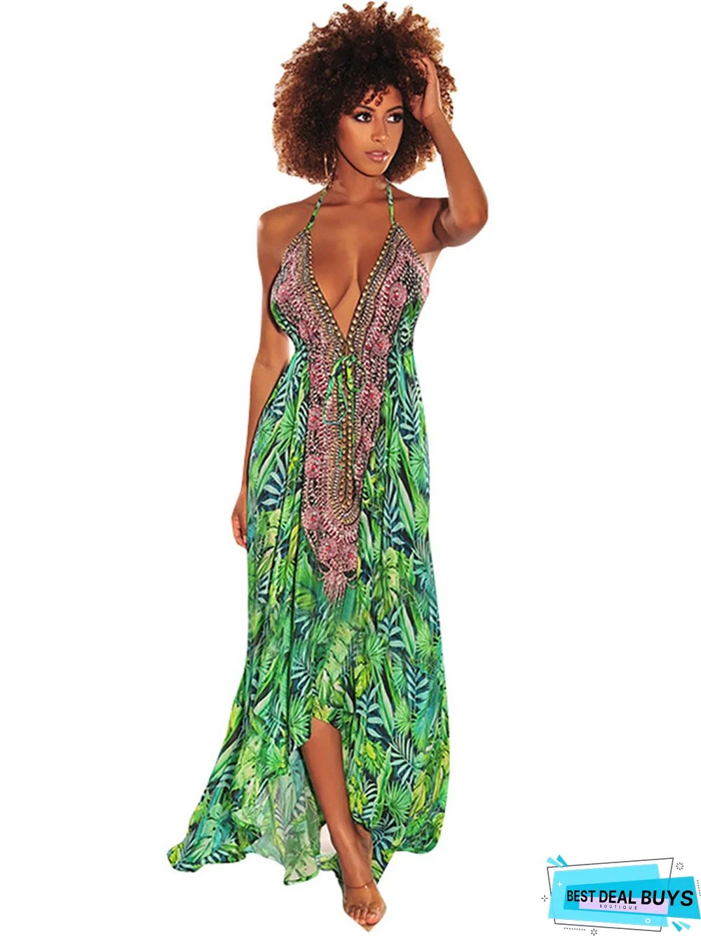 Vintage V-Neck Sexy Backless Skirt Printed Suspender Dress