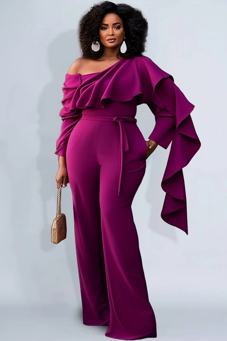 Xpluswear Design Plus Size Purple Semi Formal Oblique Collar Long Sleeve Ruffle Jumpsuits 