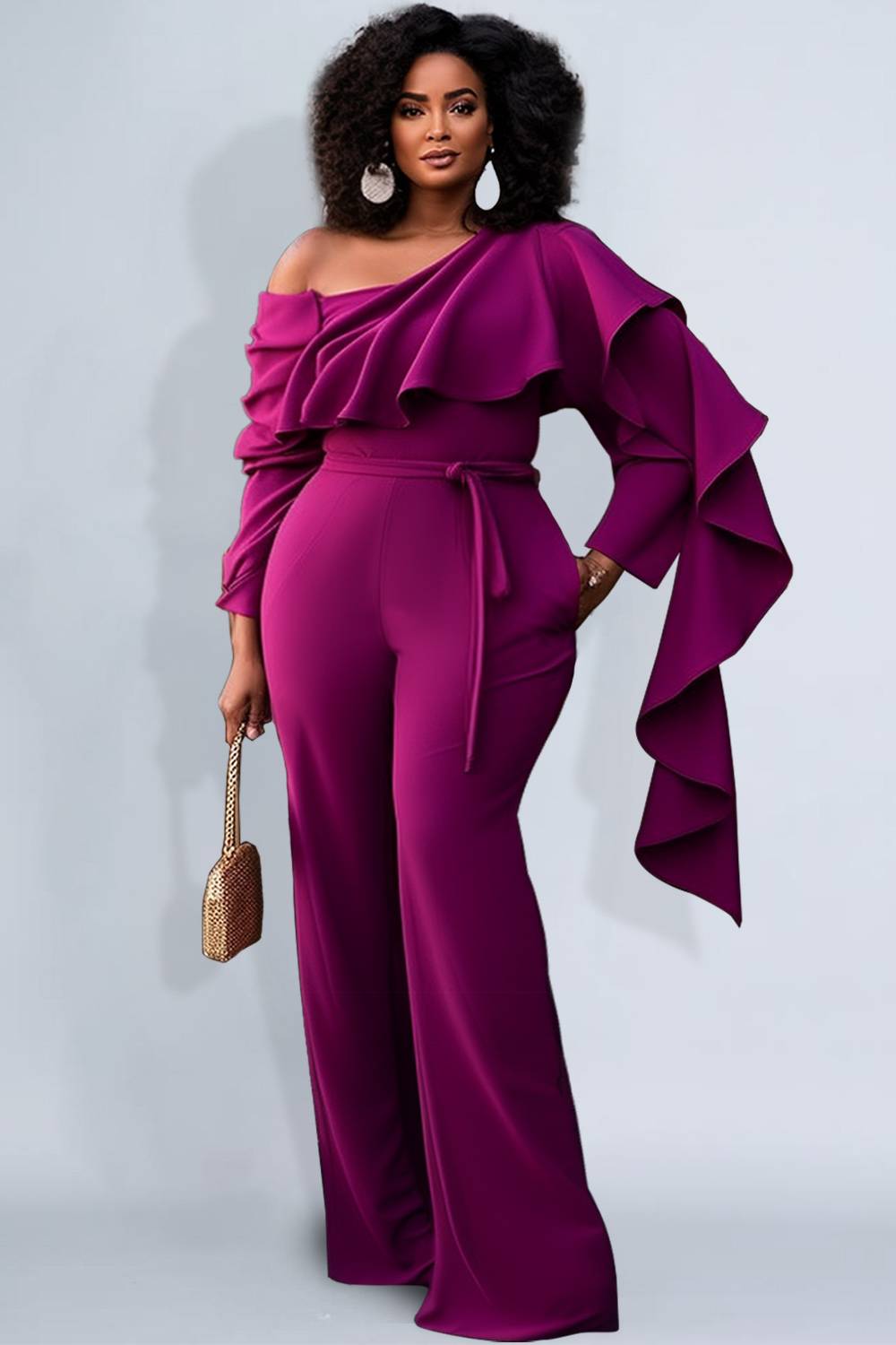 Design Plus Size Purple Semi Formal Oblique Collar Long Sleeve Ruffle Jumpsuits [Pre-Order]