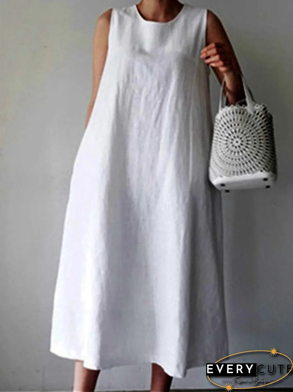 Solid Color Cotton and Linen Sleeveless Plus Size Loose Vest Skirt White Dresses