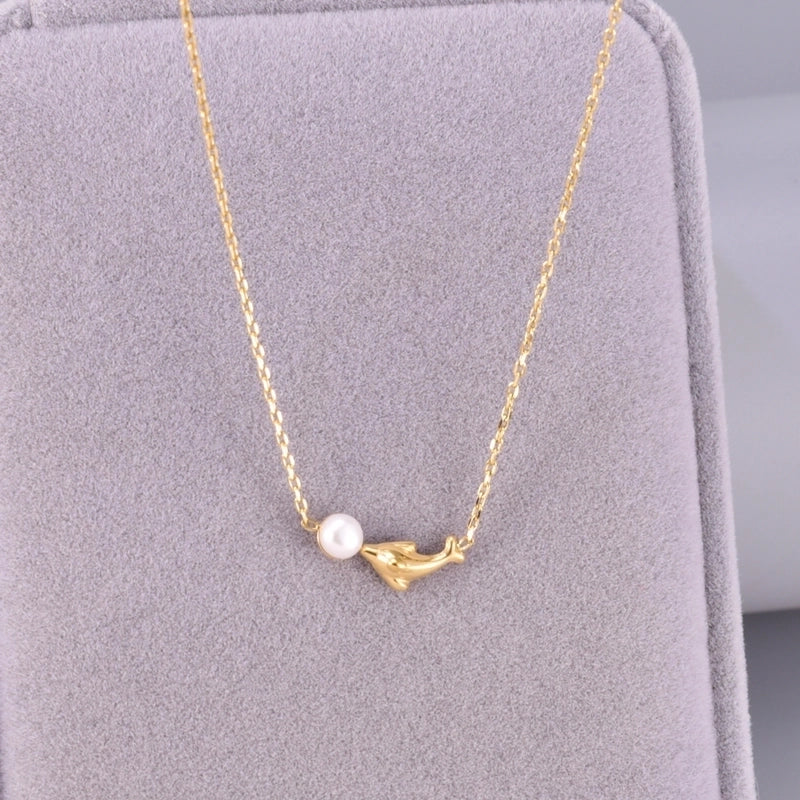Cute Minimalist Dolphin 304 Stainless Steel Titanium Steel Pearl 18K Gold Plated Inlay Necklace