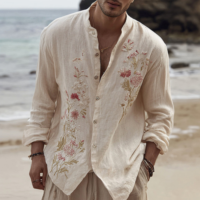 Men's Floral Embroidered Comfortable Linen Shirt  artssus
