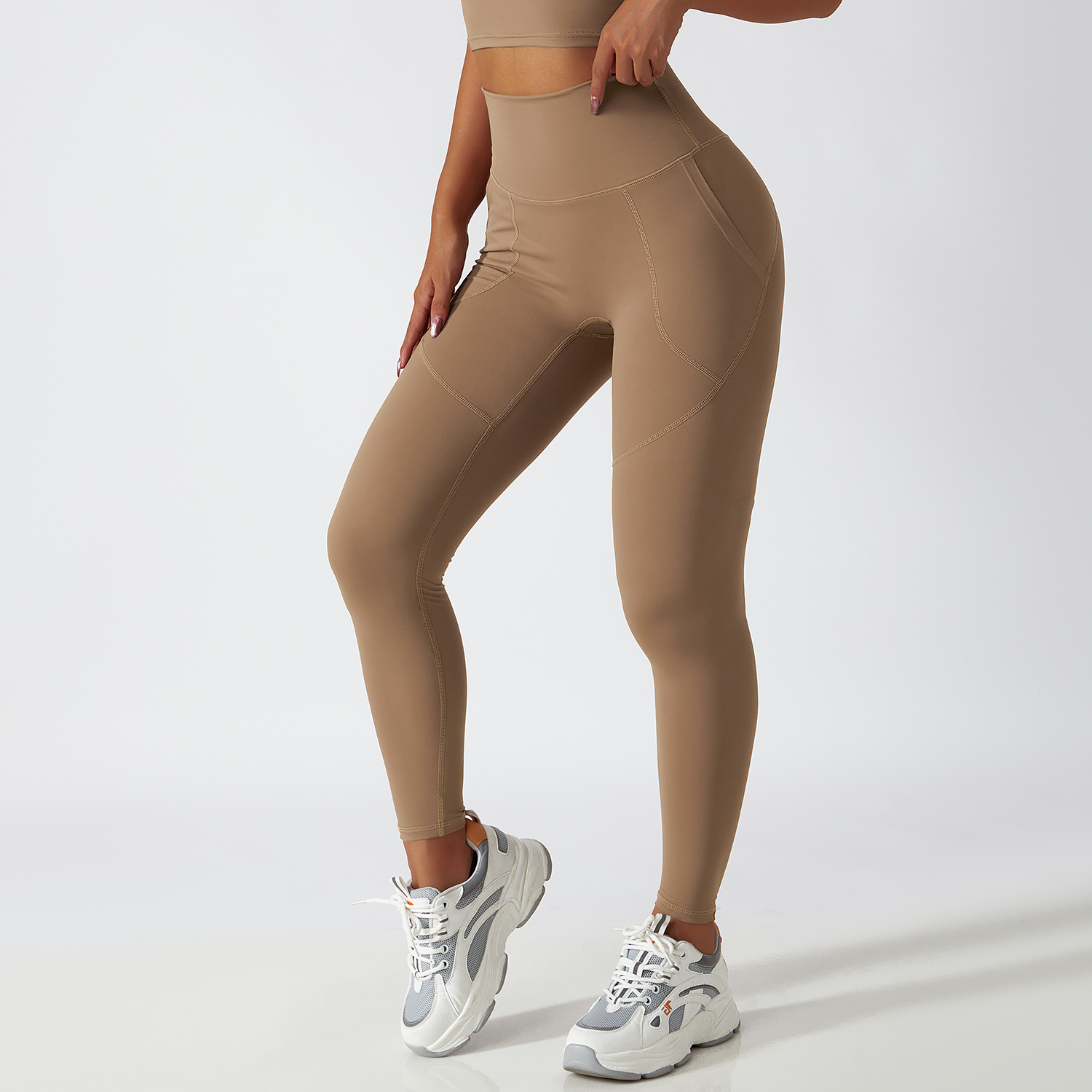 Hergymclothing Camel Brown renewable fabric sustainable no front seam yoga leggings with side pockets online shopping