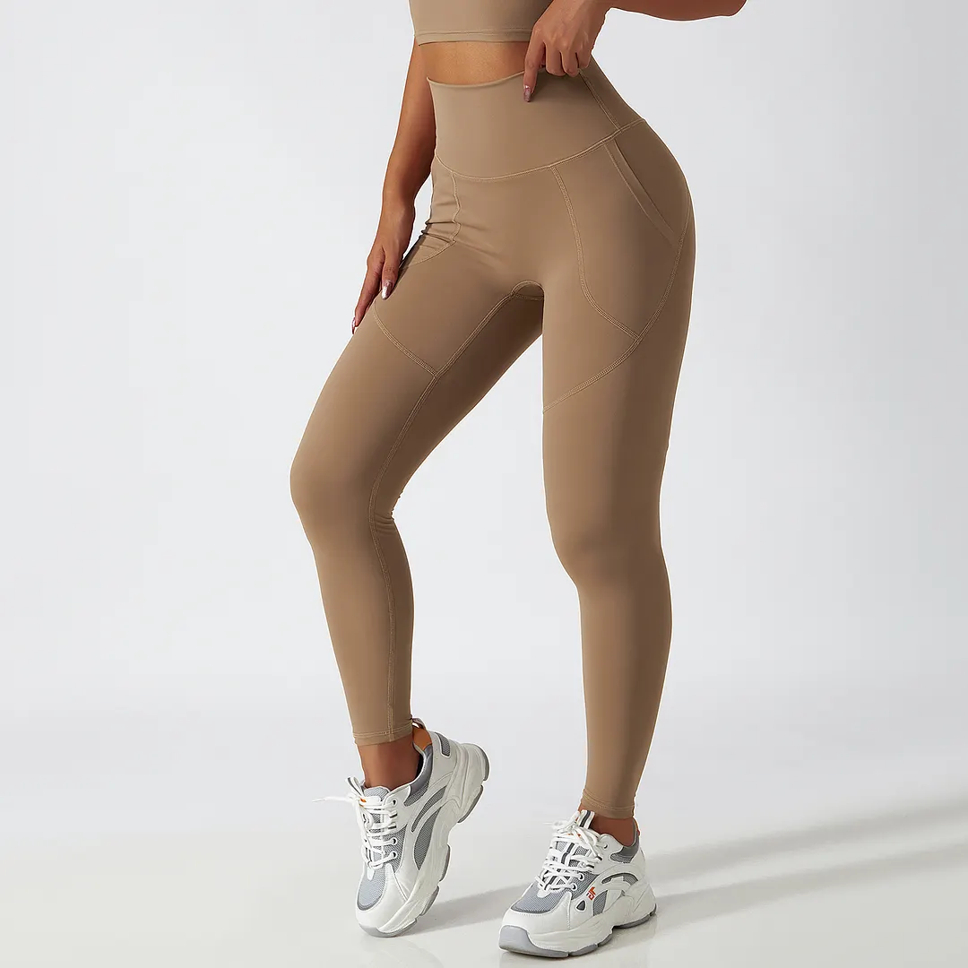 Hergymclothing Camel Brown renewable fabric sustainable no front seam yoga leggings with side pockets online shopping