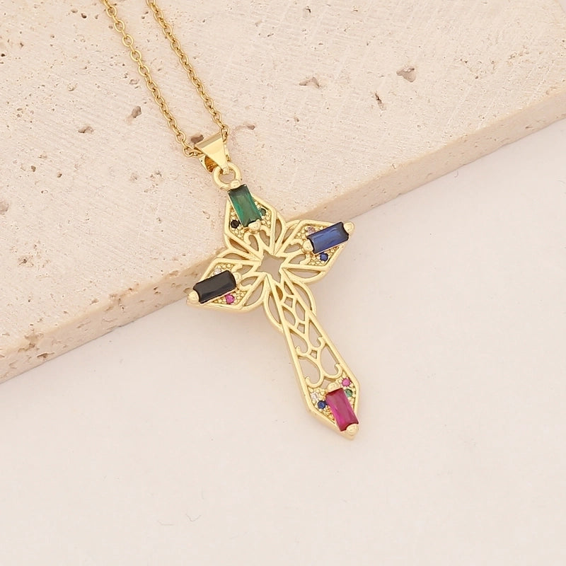 Commute Cross Copper Inlay 18K Gold Plated Zircon Pendant Necklace