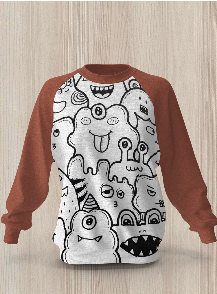 Women's Trend Stitching Contrast Little Monster Cute Pet Illustration Print Crewneck Long Sleeve Sweatshirt