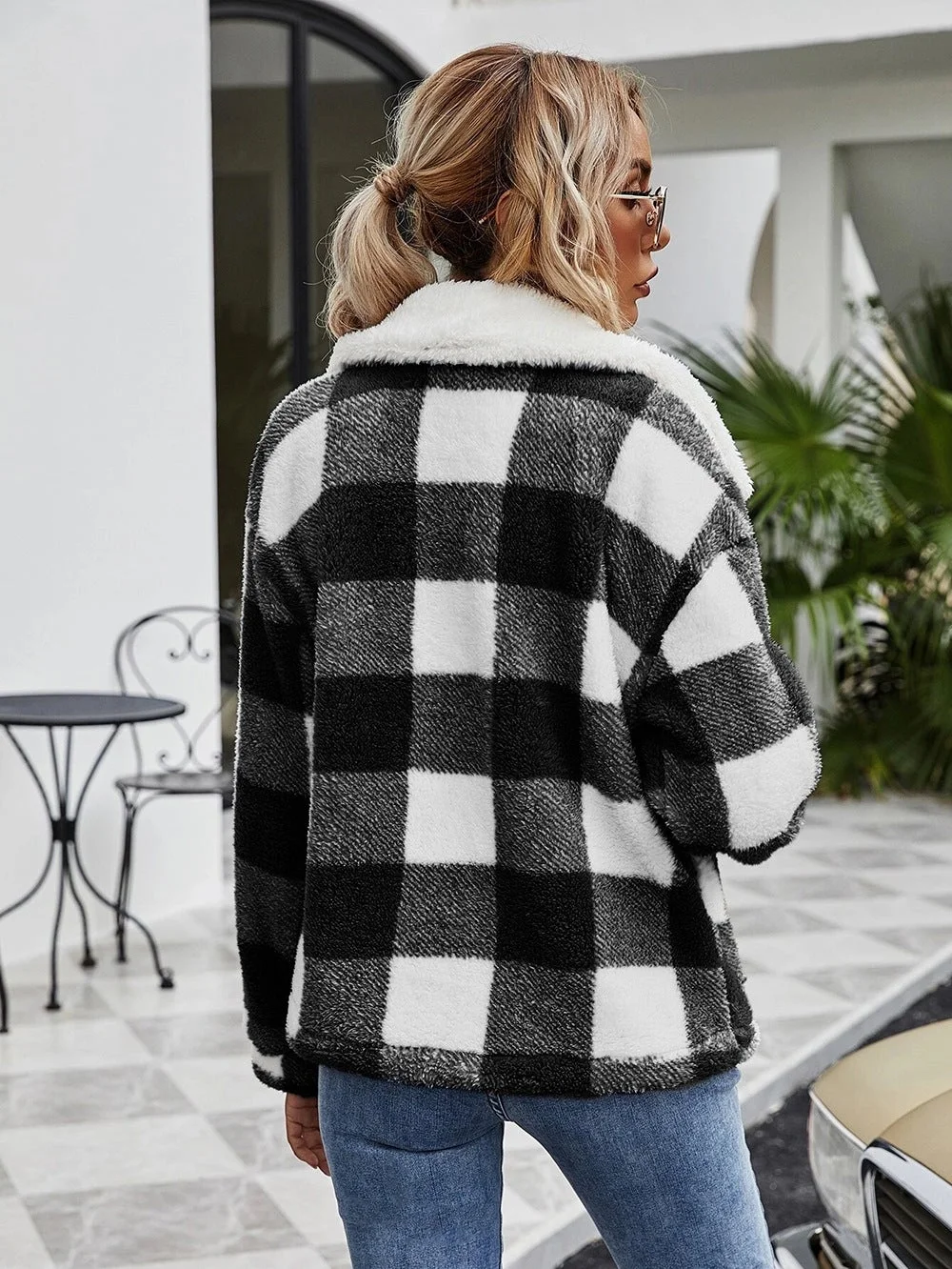 Women's Cardigan Lapel Plush Plaid Jacket