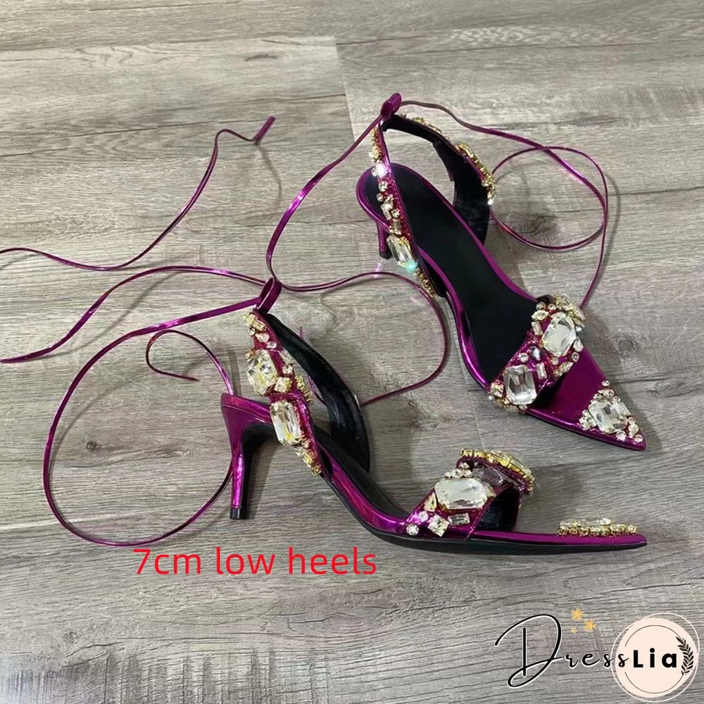 New Crystal Women Wedding Rhinestone High Heels And Low Heel Ankle Strap Party Pointed Toe Sexy Shoes Candy Color Big Size 43