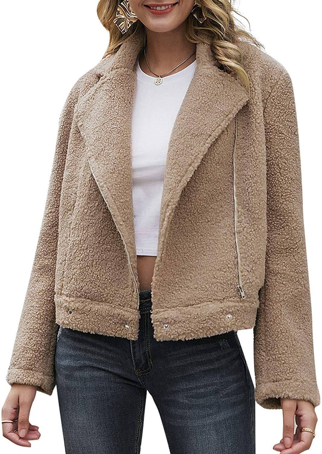 Women's Lapel Zip Up Faux Fleece Shearing Jacket Winter Overcoat with Pockets
