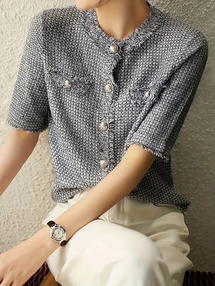 Women's French Chic Blouse - Loose Fit V-Neck Button Front, Soft Everyday & Office Tops For Women, Machine Washable Spring/Fall/Summer Tops In Neutral Tones Light Grey/Beige/Black/White/Blue) - Non-See-Through Work Shirt, Spring Fashion, Contrast Design