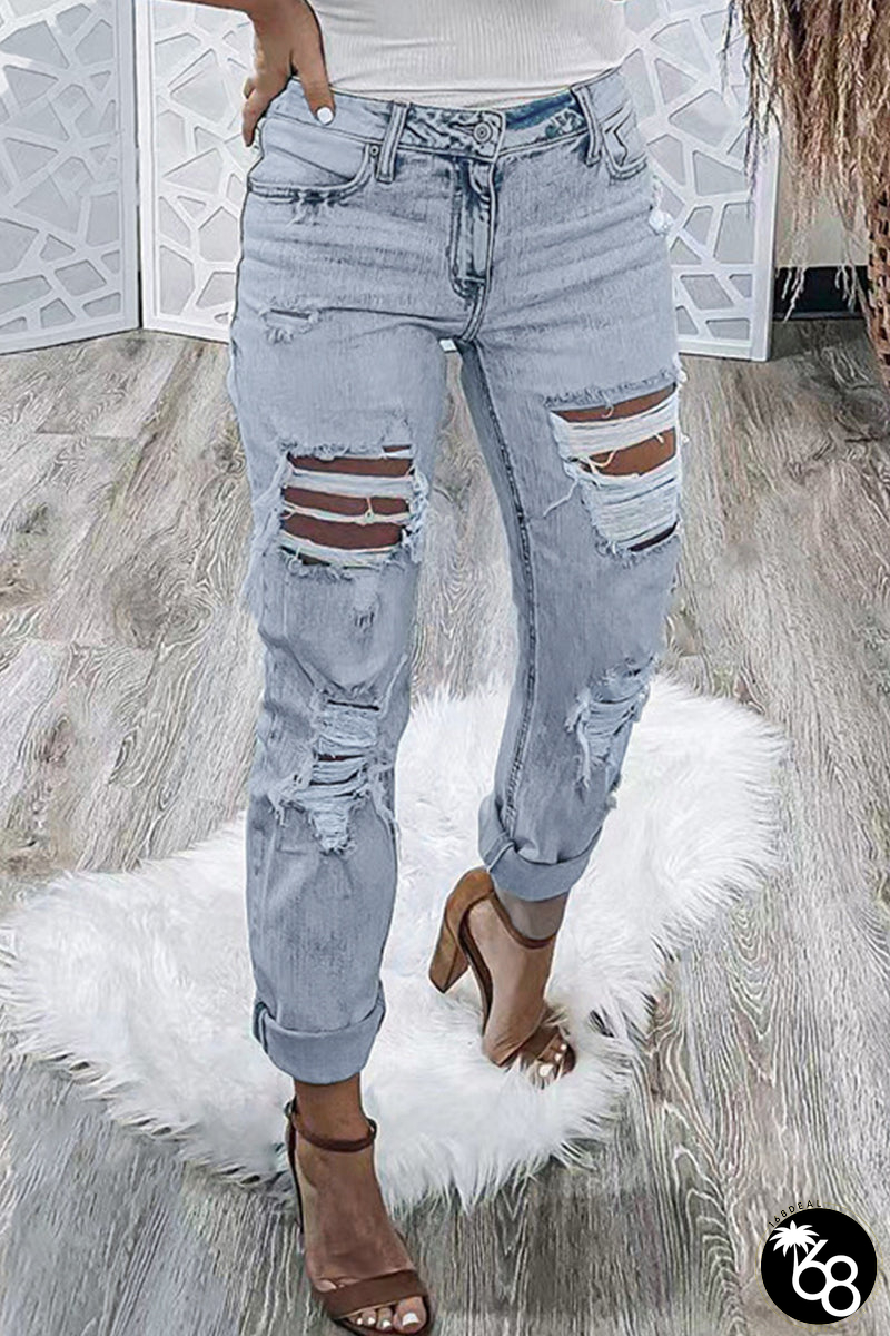 Street Solid Ripped Hollowed Out Regular Denim Jeans | 168DEAL