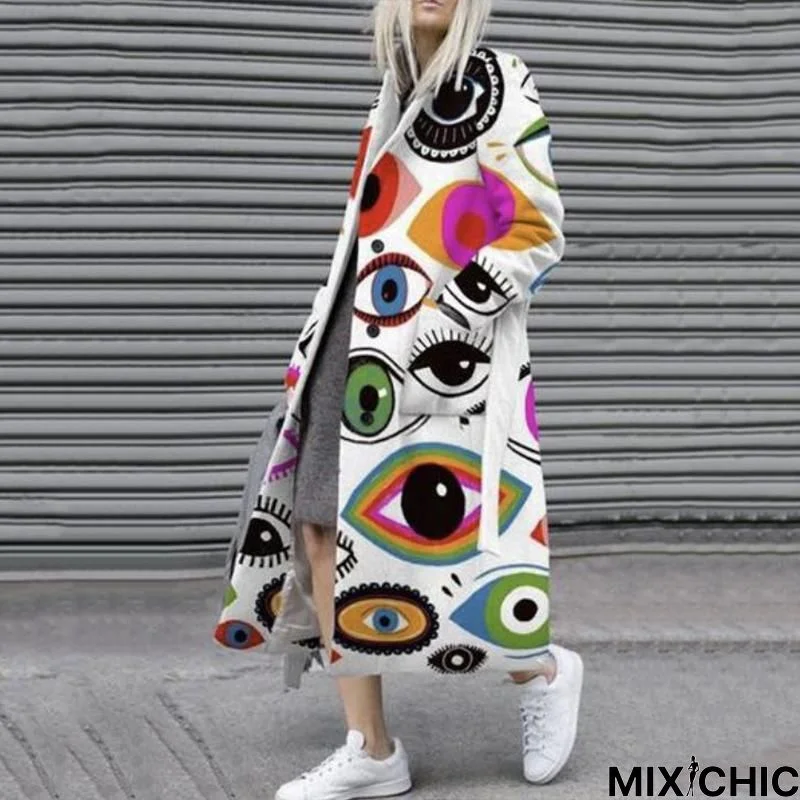 Long Sleeve Lapel Coat Printed Woolen Coat